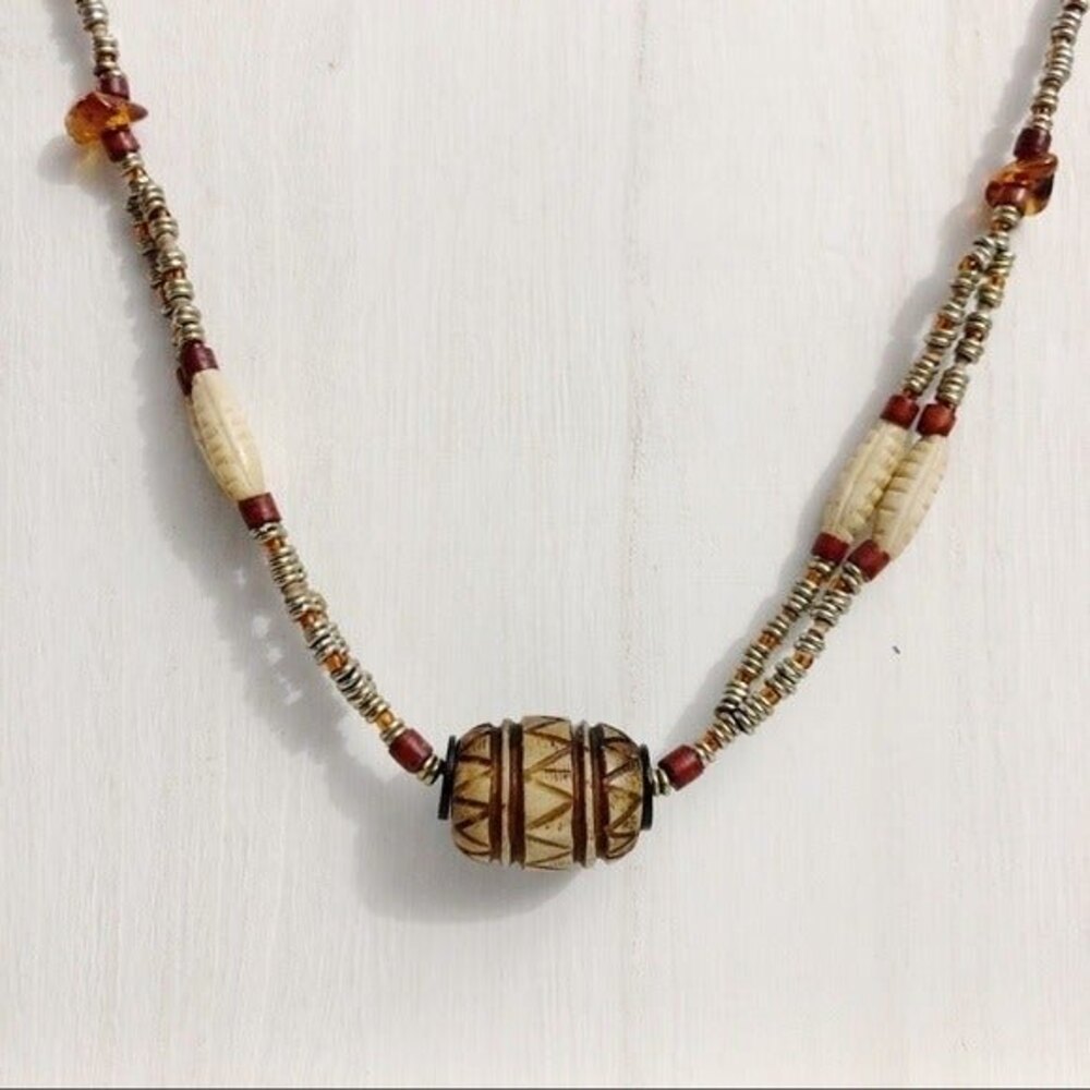 Handmade Metal Beaded Necklace with Carved Bead Focal